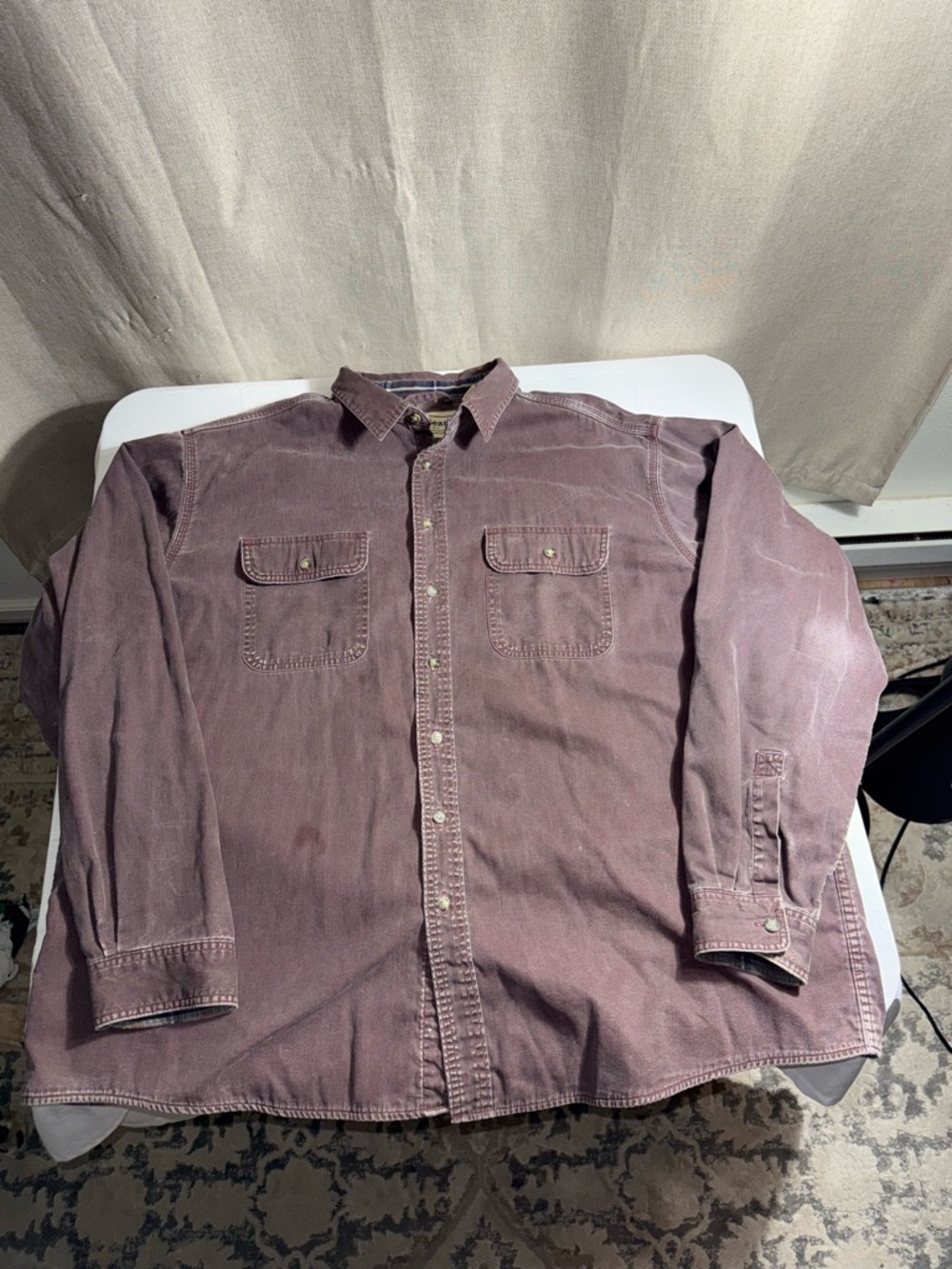 LL Bean Vintage Flannel Lined Twill Shirt Burgundy Plaid Faded Distressed XXL